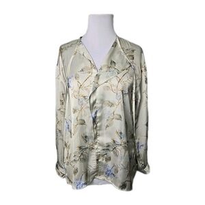 Elie Tahari Green Floral Satin Long Sleeve Blouse Size Small Petite SP